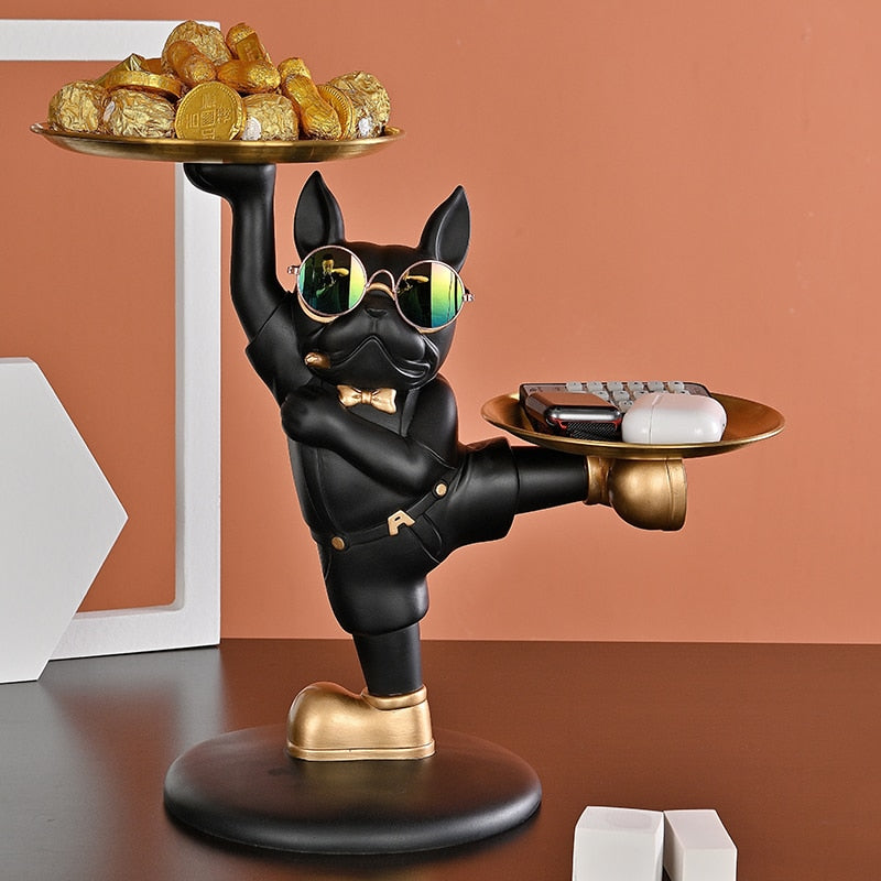 Escultura Decorativa BullDog Francês Decoração Mordomo KungFu Bandeja Dupla