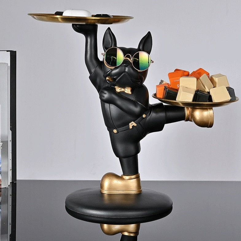 Escultura Decorativa BullDog Francês Decoração Mordomo KungFu Bandeja Dupla