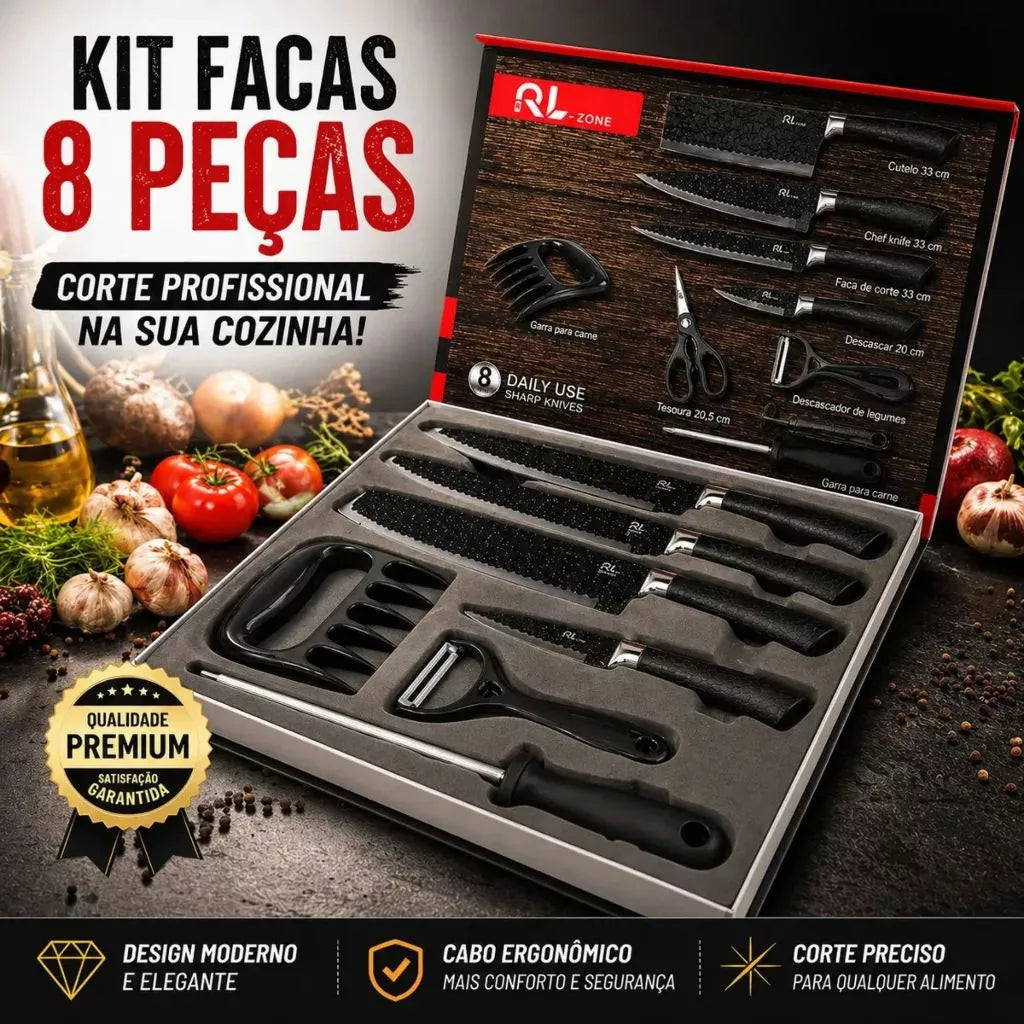 Kit Faqueiro 8 Peças RL Zone em Aço Inox – Alta Qualidade, Durabilidade e Corte Preciso