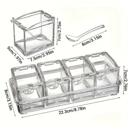 Porta Condimentos Organizador De Tempero Em Acrílico Com Suporte e Colher Inclusos - Entrega Grátis