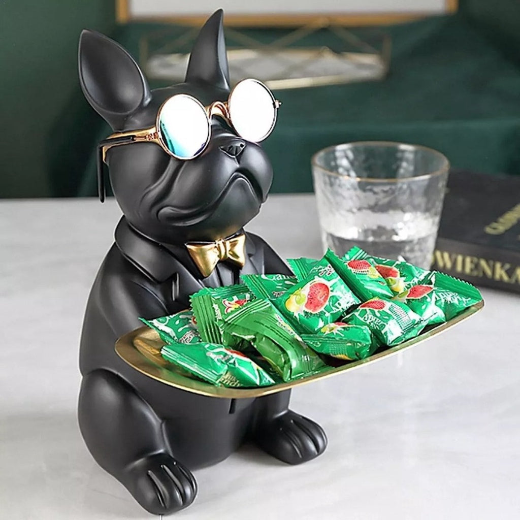 Escultura Decorativa de Cachorro Bulldog com Bandeja e Óculos