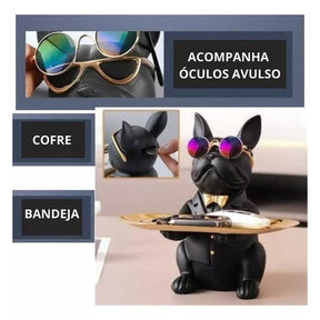 Escultura Decorativa de Cachorro Bulldog com Bandeja e Óculos
