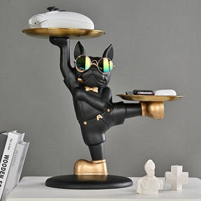 Escultura Decorativa BullDog Francês Decoração Mordomo KungFu Bandeja Dupla