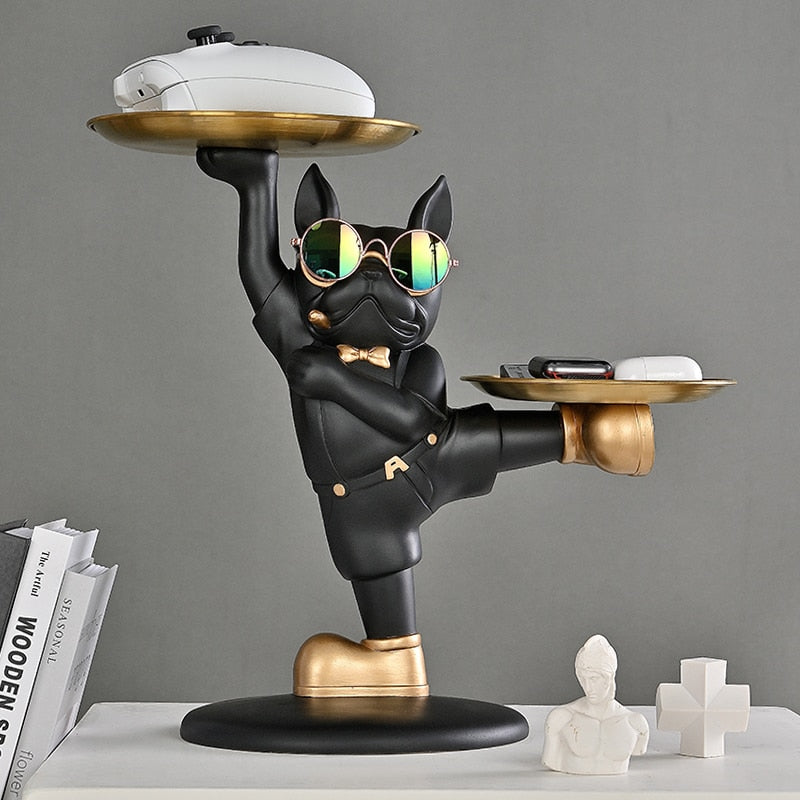 Escultura Decorativa BullDog Francês Decoração Mordomo KungFu Bandeja Dupla