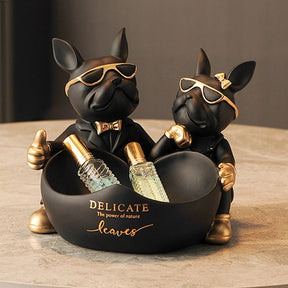 Estatueta Decorativa BullDog Francês Casal Edição Limitada - Suporte de Madeira Brinde