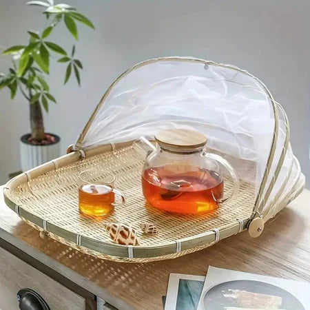 CestFresh - Cesto de Bamboo Com Cobertura de Tela Retrátil Protetor de Alimentos - Entrega Grátis