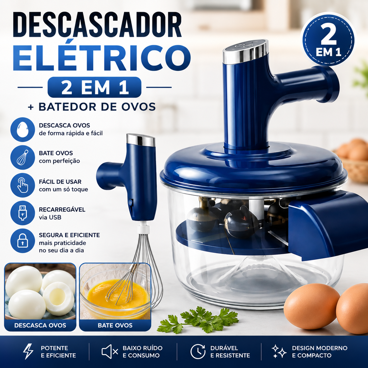 Descascador Elétrico 2 em 1 + Batedor de Ovos